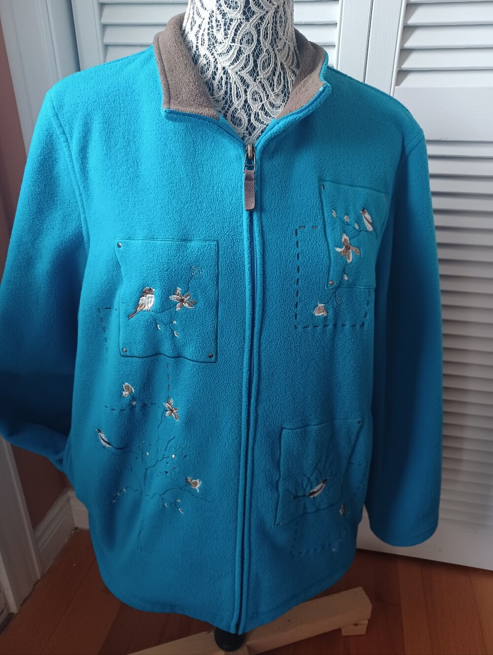 Northern Reflections Fleece Zip-Up Cardigan Sweater Birds Flowers Cottagecore XL